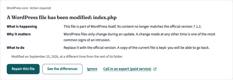 A finding: a WordPress file was modified, with what is happening, why it matters and what to do