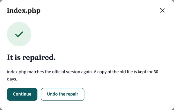 Repaired: the file matches the official version again; a copy of the old file is kept for 30 days
