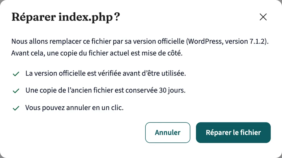Fenêtre « Réparer index.php ? » avec les garanties : version vérifiée, copie conservée 30 jours, annulation en un clic